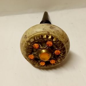 Vintage Marble Wine Stopper with Orange Decorative Rhinestones & Gold Metal